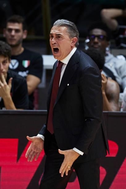 Sergio Scariolo, Manager of Virtus Segafredo Bologna reacts during the Lega Basket Serie A match between Virtus Segafredo Bologna and Openjobmetis...