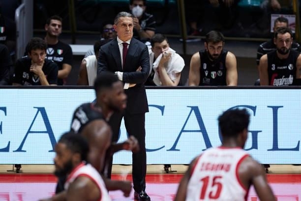 Sergio Scariolo, Manager of Virtus Segafredo Bologna looks on during the Lega Basket Serie A match between Virtus Segafredo Bologna and Openjobmetis...
