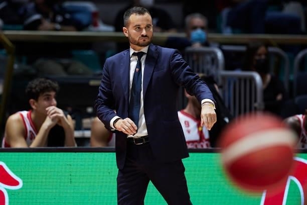 Vertemati Adriano, Manager of Openjobmetis Varese reacts during the Lega Basket Serie A match between Virtus Segafredo Bologna and Openjobmetis...