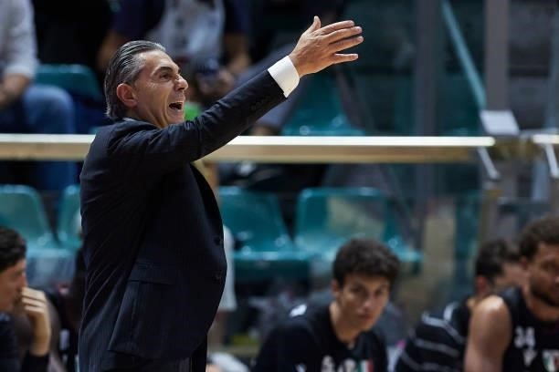 Sergio Scariolo, Manager of Virtus Segafredo Bologna reacts during the Lega Basket Serie A match between Virtus Segafredo Bologna and Openjobmetis...