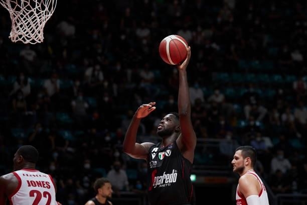 Mouhammadou Jaiteh of Virtus Segafredo Bologna in action during the Lega Basket Serie A match between Virtus Segafredo Bologna and Openjobmetis...