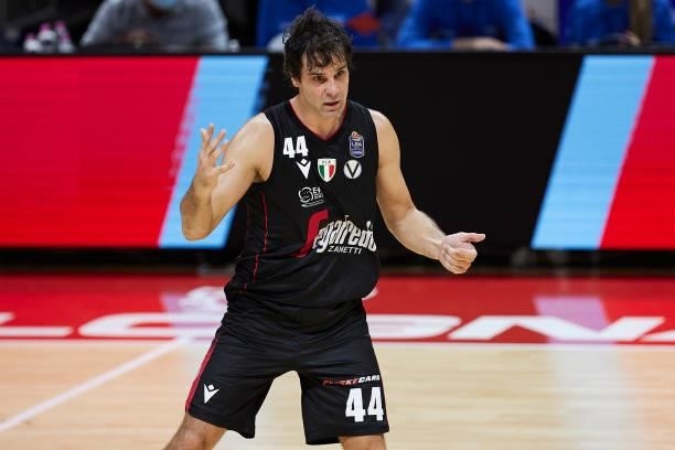 Milos Teodosic of Virtus Segafredo Bologna reacts during the Lega Basket Serie A match between Virtus Segafredo Bologna and Openjobmetis Varese at...