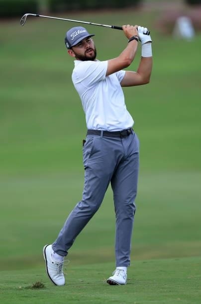 Hayden Buckley plays his shot on the first hole during the final round of the Sanderson Farms Championship at Country Club of Jackson on October 03,...