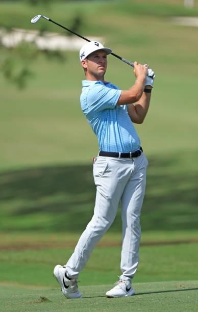 Grant Hirschman plays his shot on the first hole during the final round of the Sanderson Farms Championship at Country Club of Jackson on October 03,...