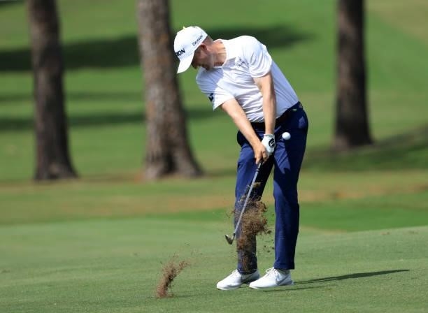 Russell Knox of Scotland plays his shot on the first hole during the final round of the Sanderson Farms Championship at Country Club of Jackson on...