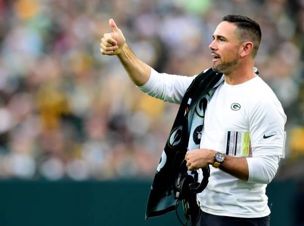Head coach Matt LaFleur of the Green Bay Packers looks on during the game against the Pittsburgh Steelers at Lambeau Field on October 03, 2021 in...