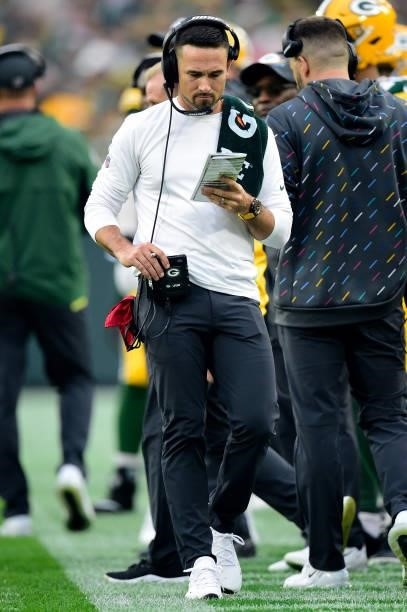 Head coach Matt LaFleur of the Green Bay Packers on the sidelines during the first half against the Pittsburgh Steelers at Lambeau Field on October...