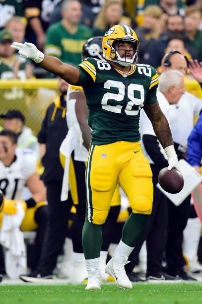 Dillon of the Green Bay Packers celebrates after running for a first down during the first half against the Pittsburgh Steelers at Lambeau Field on...