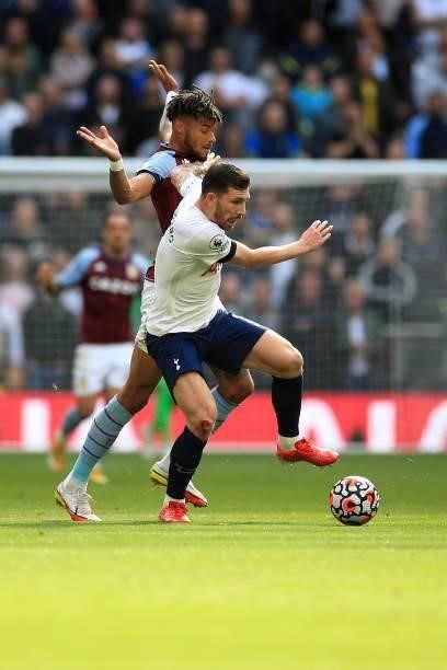 Pierre-Emile Hojbjerg of Tottenham Hotspur and Tyrone Mings of Aston Villa during the Premier League match between Tottenham Hotspur and Aston Villa...