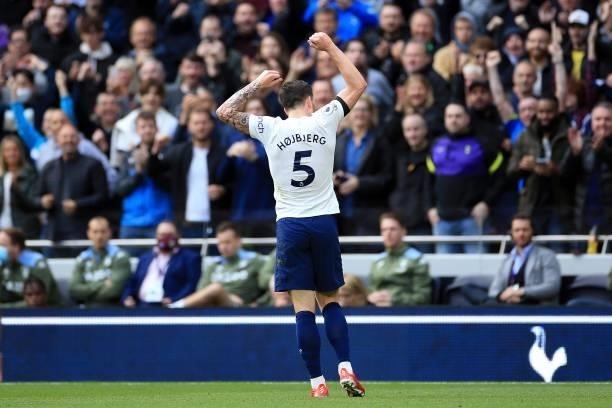 Pierre-Emile Hojbjerg of Tottenham Hotspur celebrates after scoring their side's first goal during the Premier League match between Tottenham Hotspur...