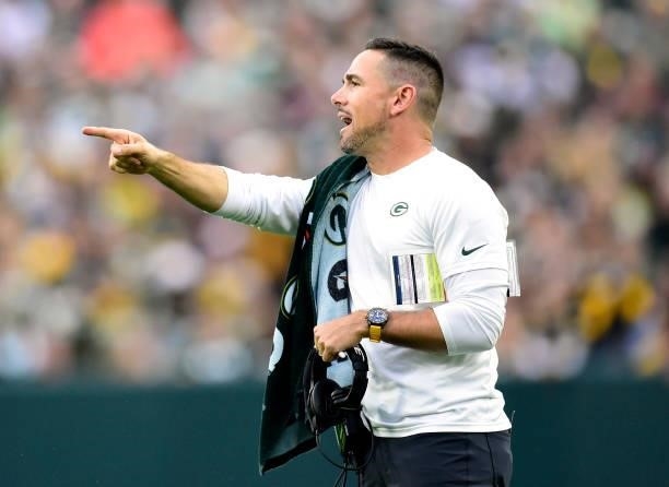 Head coach Matt LaFleur of the Green Bay Packers looks on during the game against the Pittsburgh Steelers at Lambeau Field on October 03, 2021 in...