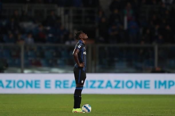 Duvan Zapata of Atalanta reacts during the Serie A match between Atalanta BC v AC Milan at Gewiss Stadium on October 03, 2021 in Bergamo, Italy.