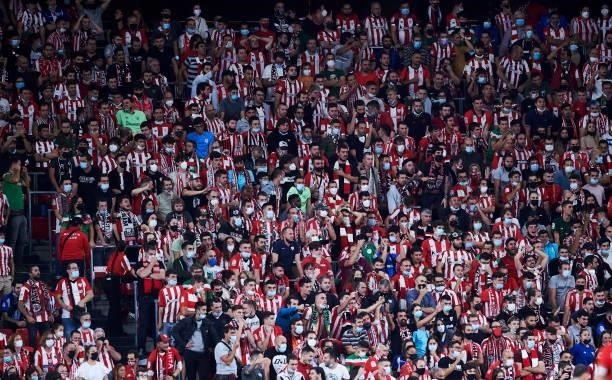 Athletic Club fans show their support during the Laliga Santander match between Athletic Club and Deportivo Alaves at San Mames Stadium on October...