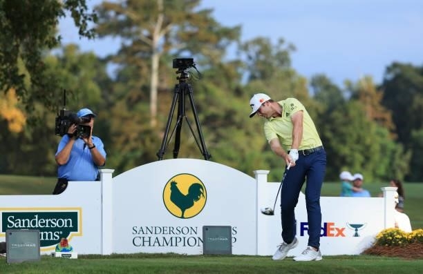 Sam Burns plays his shot from the 18th tee during the final round of the Sanderson Farms Championship at Country Club of Jackson on October 03, 2021...