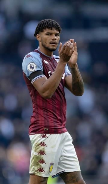 Tyrone Mings of Aston Villa salutes the fans after the Premier League match between Tottenham Hotspur and Aston Villa at Tottenham Hotspur Stadium on...