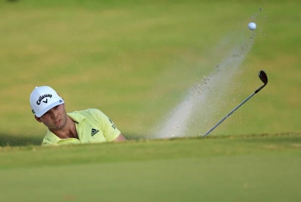 Sam Burns plays a shot from a bunker on the 18th hole during the final round of the Sanderson Farms Championship at Country Club of Jackson on...