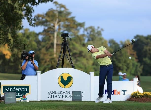 Sam Burns plays his shot from the 18th tee during the final round of the Sanderson Farms Championship at Country Club of Jackson on October 03, 2021...