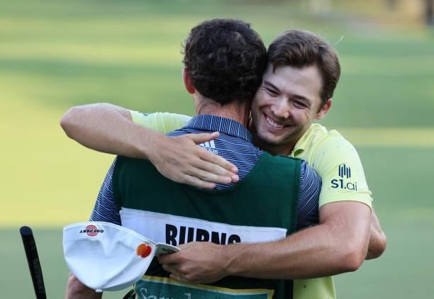 Sam Burns reacts after winning on the 18th green during the final round of the Sanderson Farms Championship at Country Club of Jackson on October 03,...