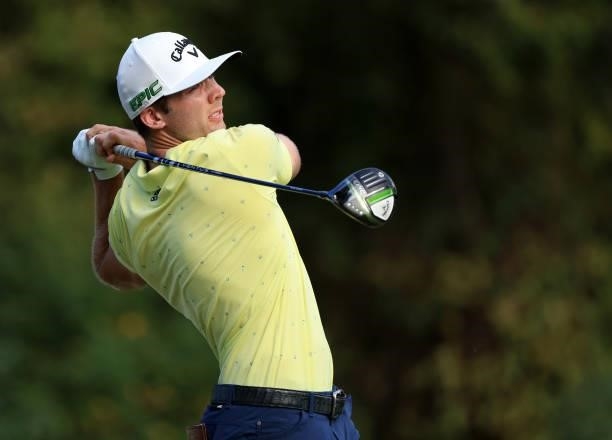 Sam Burns plays his shot from the 16th tee during the final round of the Sanderson Farms Championship at Country Club of Jackson on October 03, 2021...