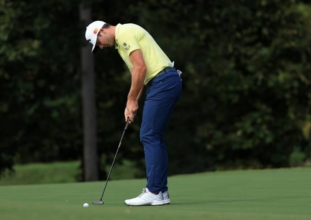 Sam Burns putts for birdie on the 15th green during the final round of the Sanderson Farms Championship at Country Club of Jackson on October 03,...