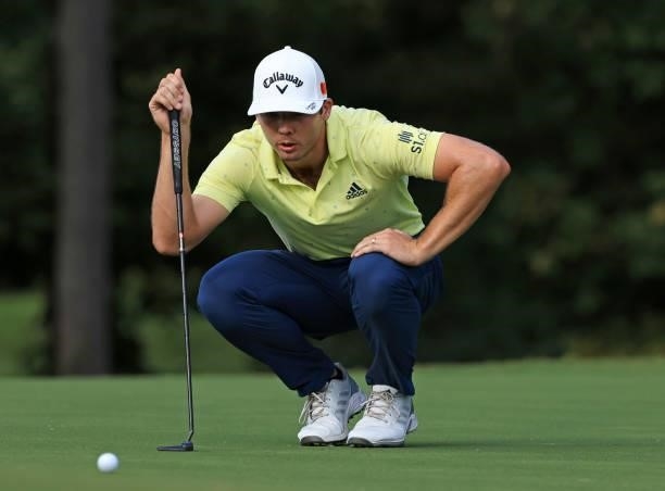 Sam Burns lines up a putt on the 15th green during the final round of the Sanderson Farms Championship at Country Club of Jackson on October 03, 2021...