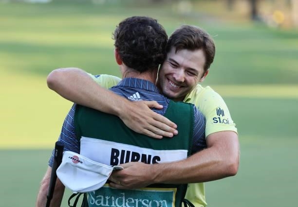 Sam Burns reacts after winning on the 18th green during the final round of the Sanderson Farms Championship at Country Club of Jackson on October 03,...