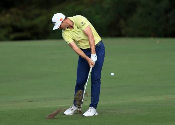 Sam Burns plays his shot on the 16th hole during the final round of the Sanderson Farms Championship at Country Club of Jackson on October 03, 2021...
