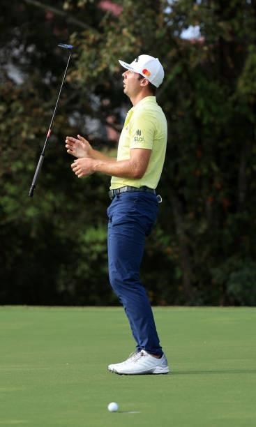 Sam Burns reacts to a missed eagle attempt on the 14th green during the final round of the Sanderson Farms Championship at Country Club of Jackson on...