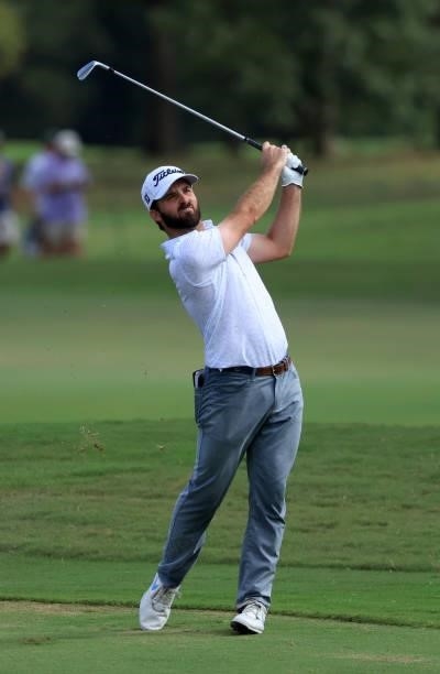 Denny McCarthy plays his second shot on the ninth hole during the final round of the Sanderson Farms Championship at Country Club of Jackson on...
