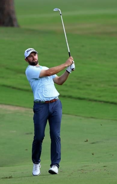 Cameron Young plays his shot on the ninth hole during the final round of the Sanderson Farms Championship at Country Club of Jackson on October 03,...