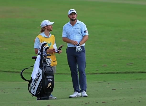 Cameron Young prepares to play his shot on the ninth hole during the final round of the Sanderson Farms Championship at Country Club of Jackson on...