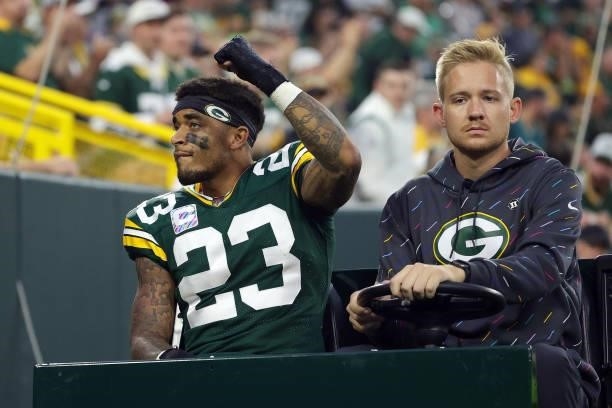Jaire Alexander of the Green Bay Packers leaves the field during the third quarter against the Pittsburgh Steelers at Lambeau Field on October 03,...