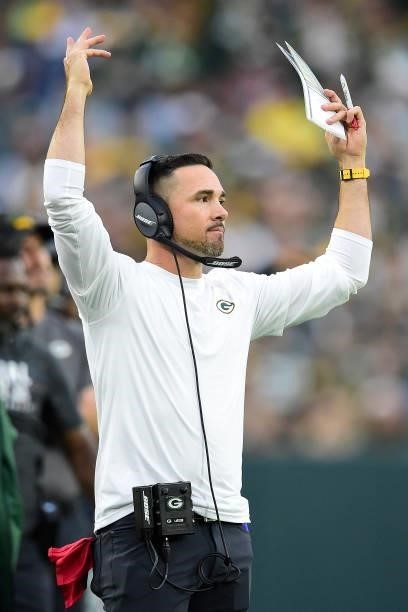Head coach Matt LaFleur of the Green Bay Packers reacts during the game against the Pittsburgh Steelers at Lambeau Field on October 03, 2021 in Green...