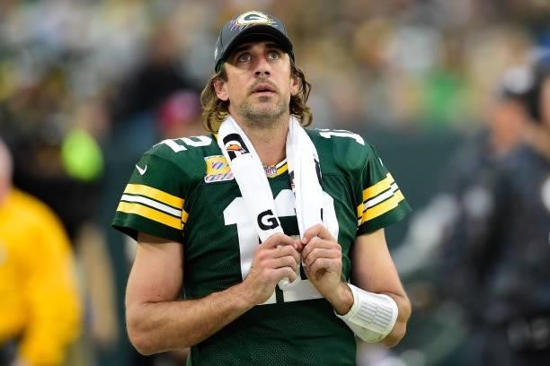Aaron Rodgers of the Green Bay Packers looks on from the sideline dthird quarter against the Pittsburgh Steelers at Lambeau Field on October 03, 2021...