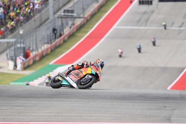 Raul Fernandez of Spain and Red Bull KTM Ajo leads the field during the Moto2 race during the MotoGP Of The Americas - Race on October 03, 2021 in...
