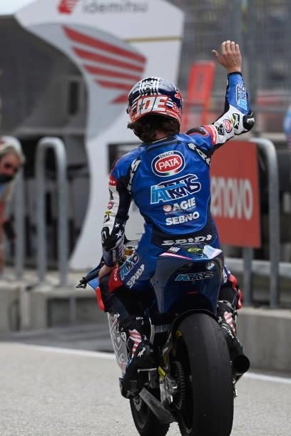 Joe Roberts of USA and Italtrans Racing Team greets the fans at the end of the Moto2 race during the MotoGP Of The Americas - Race on October 03,...