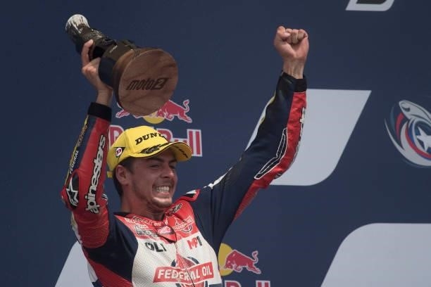 Fabio Di Giannantonio of Italy and Federal Oil Gresini Moto2 celebrates the second place on the podium during the Moto2 race during the MotoGP Of The...