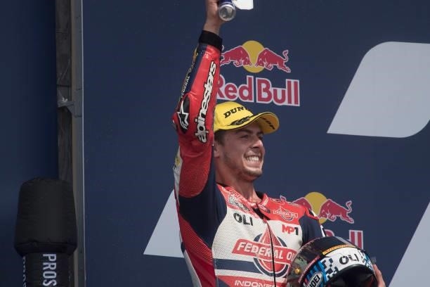 Fabio Di Giannantonio of Italy and Federal Oil Gresini Moto2 celebrates the second place on the podium during the Moto2 race during the MotoGP Of The...