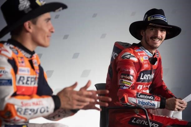 Francesco Bagnaia of Italy and Ducati Lenovo Team smiles during the press conference at the end of the MotoGP race during the MotoGP Of The Americas...