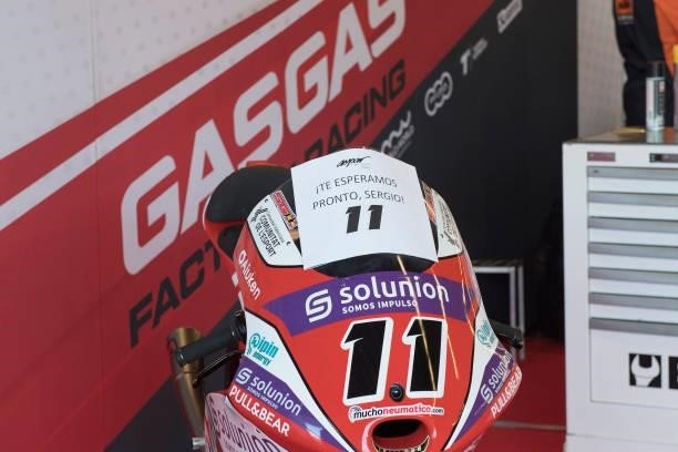 The bike of Sergio Garcia of Spain and Aspar Team Moto3 parks in box during the during the Moto3 race during the MotoGP Of The Americas - Race on...