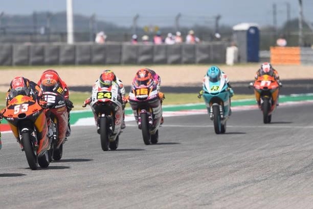 Deniz Oncu of Turkie and Red Bull KTM Tech3 leads the field during the Moto3 race during the MotoGP Of The Americas - Race on October 03, 2021 in...