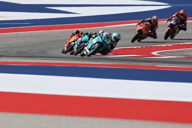 Denis Foggia of Italy and Leopard Racing leads the field during the Moto3 race during the MotoGP Of The Americas - Race on October 03, 2021 in...
