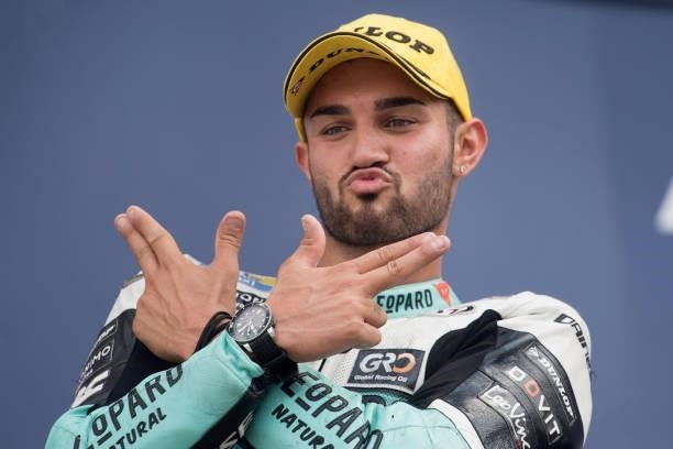 Denis Foggia of Italy and Leopard Racing celebrates the second place on the podium during the Moto3 race during the MotoGP Of The Americas - Race on...