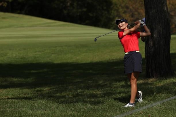 Karen Tsuruoka of Japan hits her third shot on the 3rd hole during the final round of the 54th Japan Women's Open Golf Championship at Karasuyamajo...