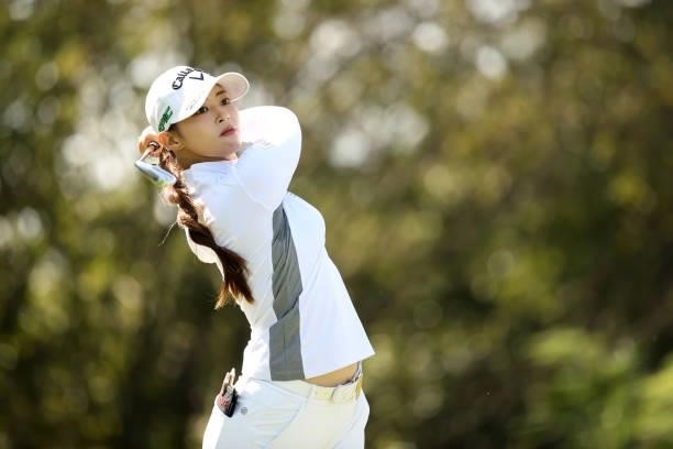 Asuka Kashiwabara of Japan hits her tee shot on the 4th hole during the final round of the 54th Japan Women's Open Golf Championship at Karasuyamajo...