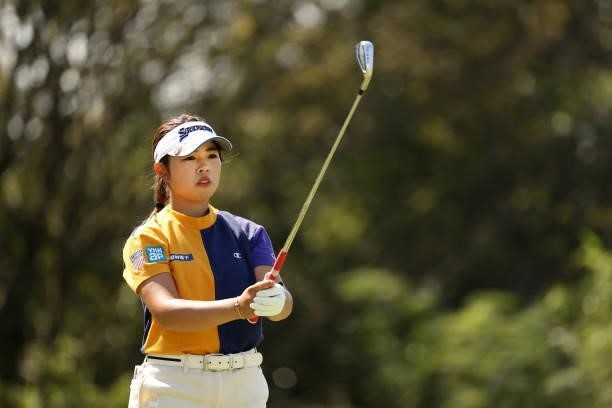 Miyuu Yamashita of Japan is seen before her tee shot on the 4th hole during the final round of the 54th Japan Women's Open Golf Championship at...