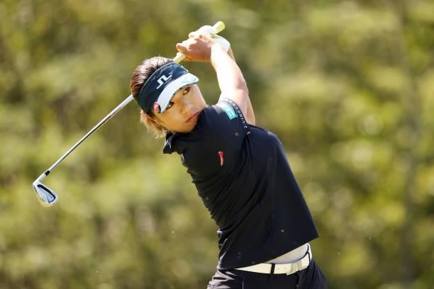 Eri Okayama of Japan hits her tee shot on the 4th hole during the final round of the 54th Japan Women's Open Golf Championship at Karasuyamajo...
