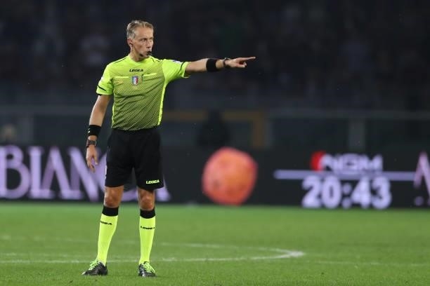 The referee Paolo Valeri reacts during the Serie A match between Torino FC v Juventus at Stadio Olimpico di Torino on October 02, 2021 in Turin,...