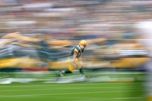 Aaron Rodgers of the Green Bay Packers takes the field prior to a game against the Pittsburgh Steelers at Lambeau Field on October 03, 2021 in Green...
