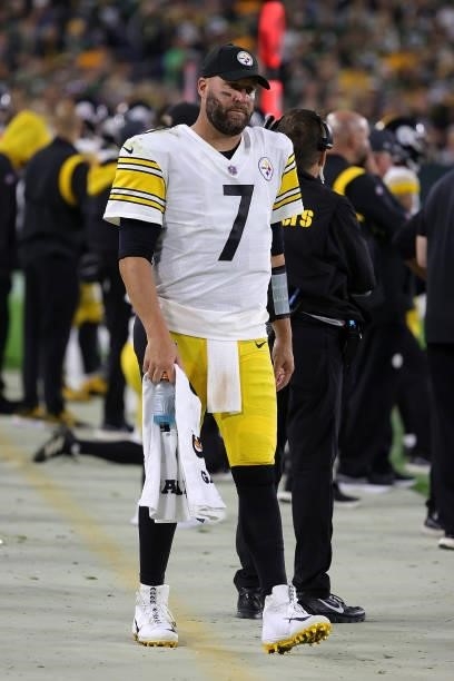 Ben Roethlisberger of the Pittsburgh Steelers walks on the sideline during a game against the Green Bay Packers at Lambeau Field on October 03, 2021...
